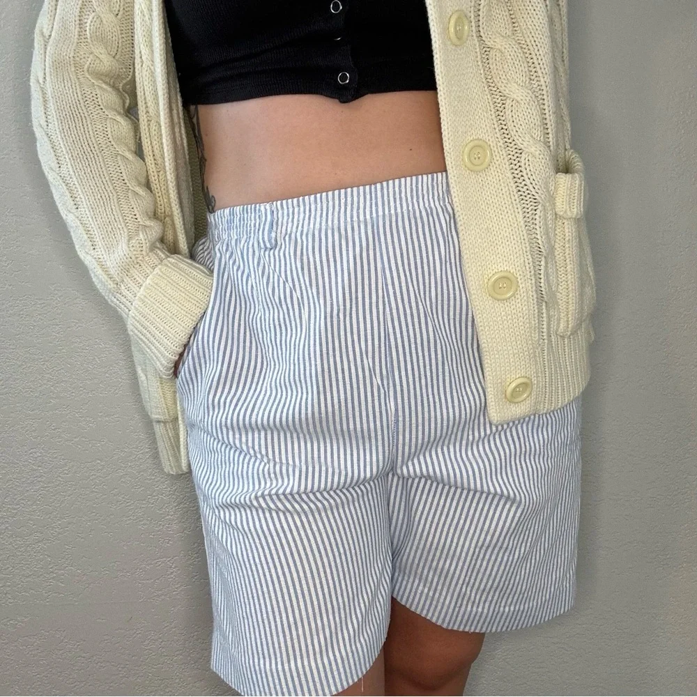 Vintage blair‎ womens walking shorts striped Blue cotton Sz Medium pull on 80s